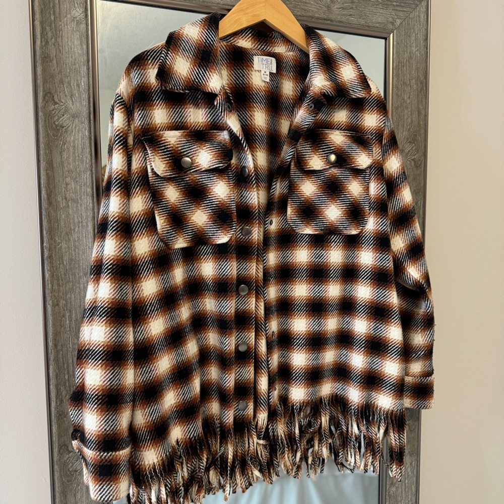 Plaid shacket with fringe